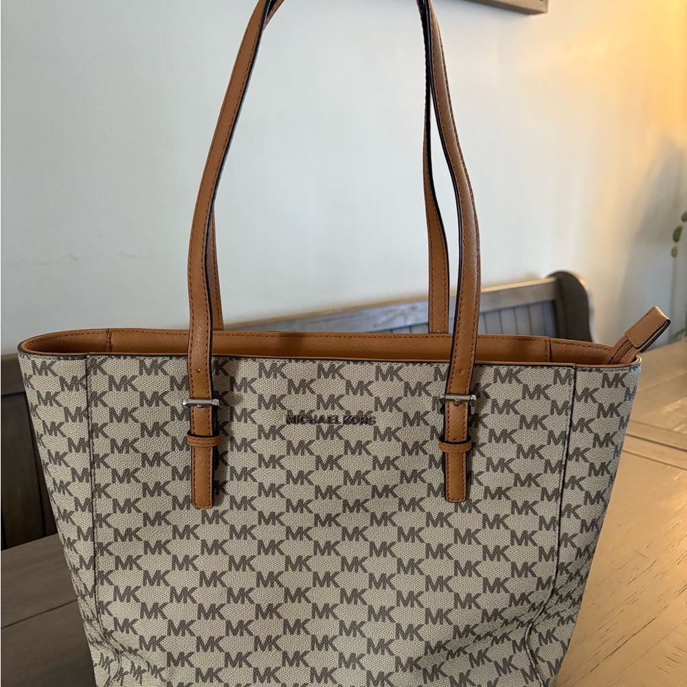 Michael Kors Khaki MK Logo Tote with Tan Trim